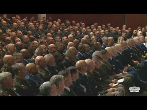 Pete Hegseth speaks to top military officials, speaking about grooming and fitness