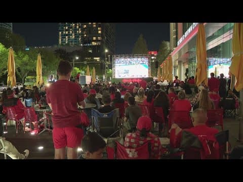 Houston fans celebrate first-round victory in NCAA Tournament at downtown watch party
