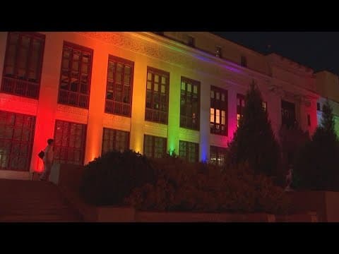 Columbus City Hall lit up in rainbow colors for Pride month