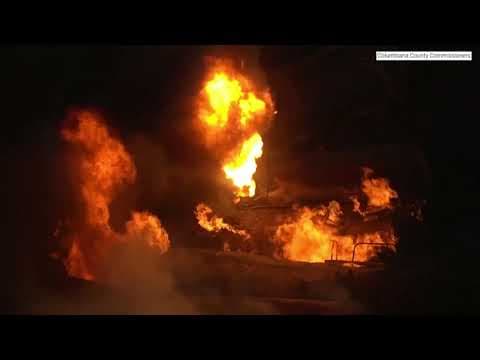 New drone video of East Palestine train derailment shows intensity of fire