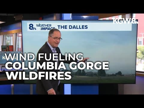 Wildfire near The Dalles driven by strong west wind in Columbia River Gorge