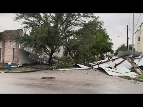 Roof of storage building blown off during strong, destructive storms in Houston