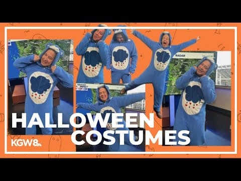 Trying on Halloween costumes with KGW Sunrise team