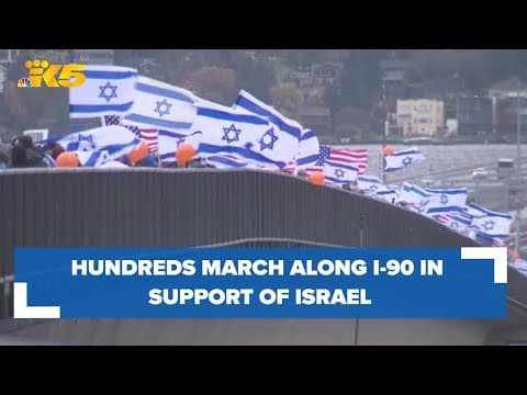 Hundreds march along I-90 in Mercer Island in support of Israel