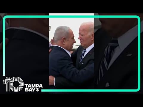 President Joe #Biden shares embrace with Israeli Prime Minister Netanyahu after landing in #Israel.