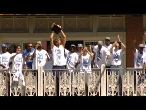 Dirk Nowitzki sings 'We Are the Champions' during the Dallas Mavericks 2011 NBA Championship Parade