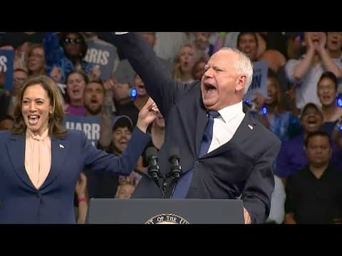 Tim Walz ends his speech during rally in Pennsylvania