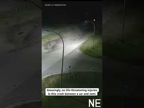 Amazingly, there were no life-threatening injuries in this fiery crash between a car and semi.