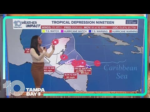 Tracking the Tropics: Tropical Depression 19 expected to spend more time over land, making it weaker