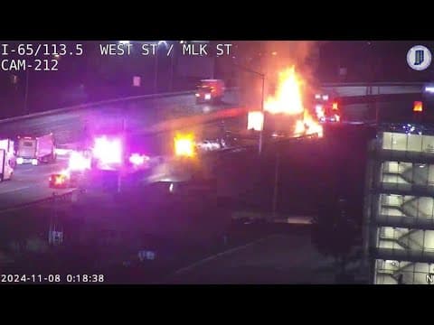 ISP: 1 killed after car strikes stalled vehicle, leading to fiery crash on I-65 in downtown Indy