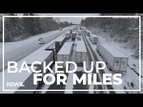 Drone video shows huge semi-truck traffic back up during Portland winter storm