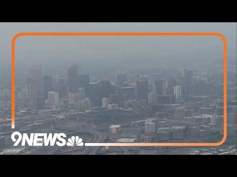 Aerial view of hazy skies over downtown Denver
