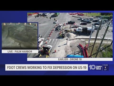 Crews work to fix depression that opened on US 19 at Curlew Road