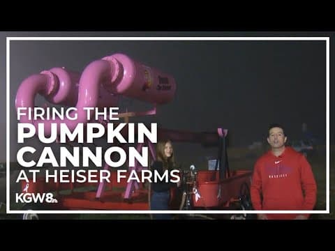 Firing the pumpkin cannon at Heiser Farms Pumpkin Patch in Dayton