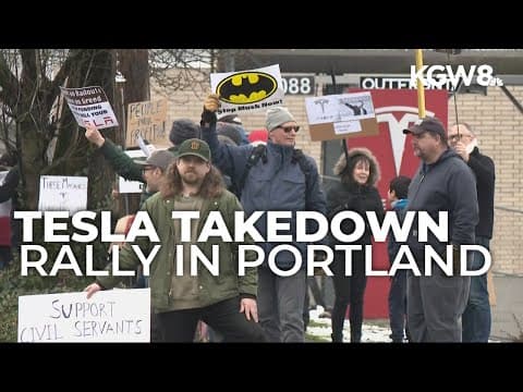 Demonstrators hold 'Tesla Takedown' protest outside of Portland dealership