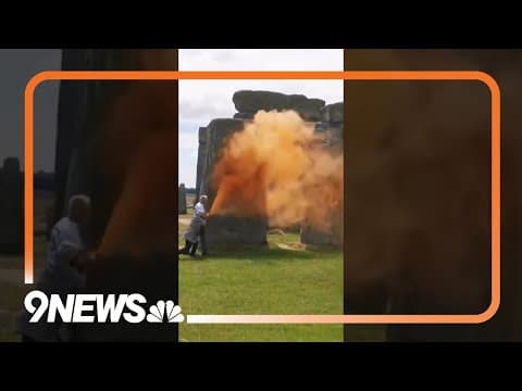 Stonehenge sprayed with orange paint by climate activists