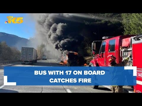Bus with 17 on board catches fire along I-90