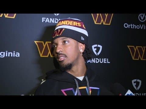 Commanders QB Jayden Daniels speaks after practice Friday