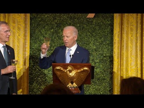 President Joe Biden speaks at dinner with NATO allies