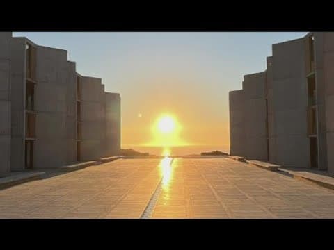 First sunset of the fall marks 'Salkhenge' at Salk Institute in La Jolla