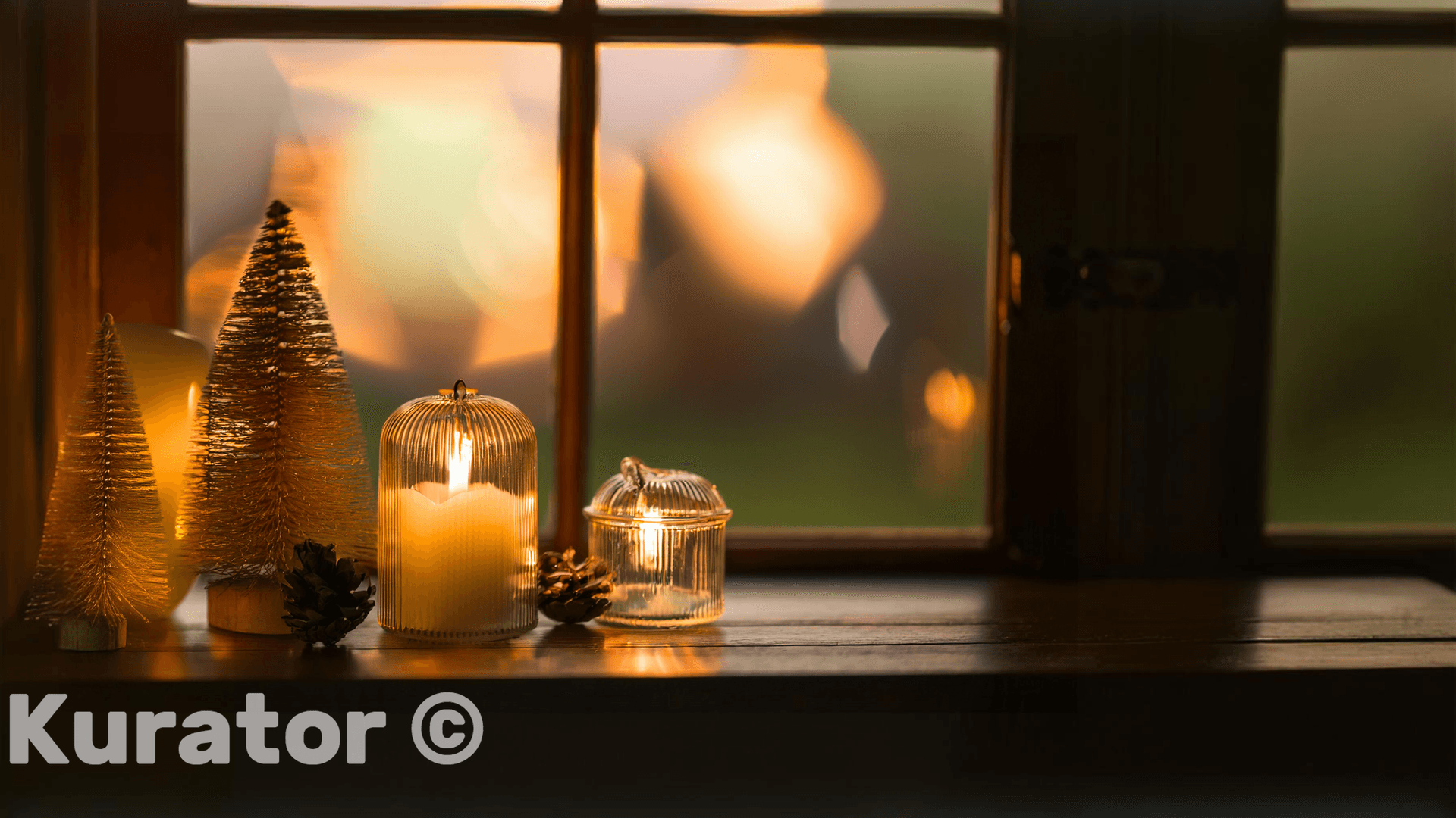 Golden Christmas Trees and Candlelit Decor on Windowsill – Warm Festive Lighting