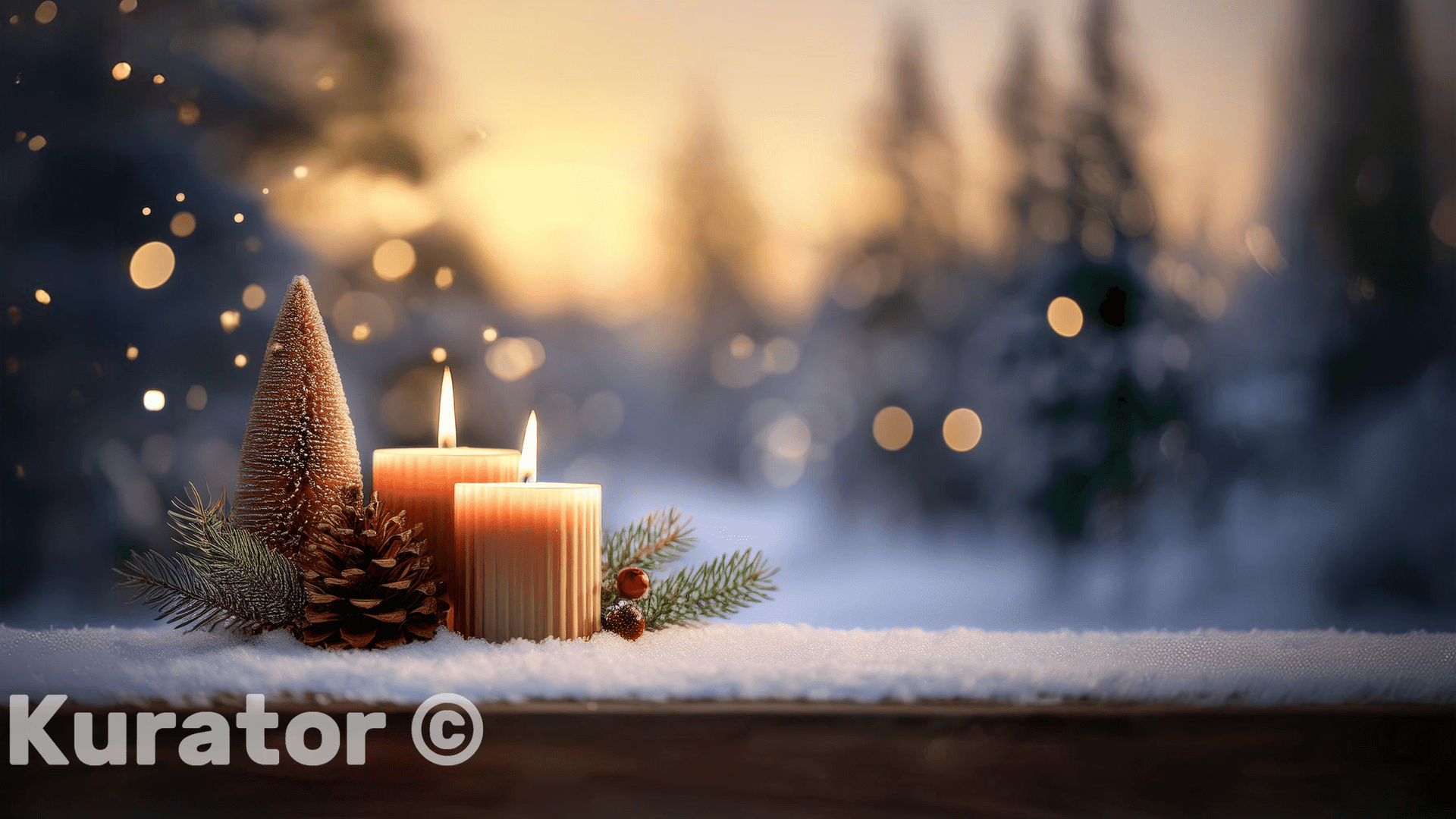 Candlelit Christmas Decor with Pinecone on Snowy Surface – Warm Winter Sunset