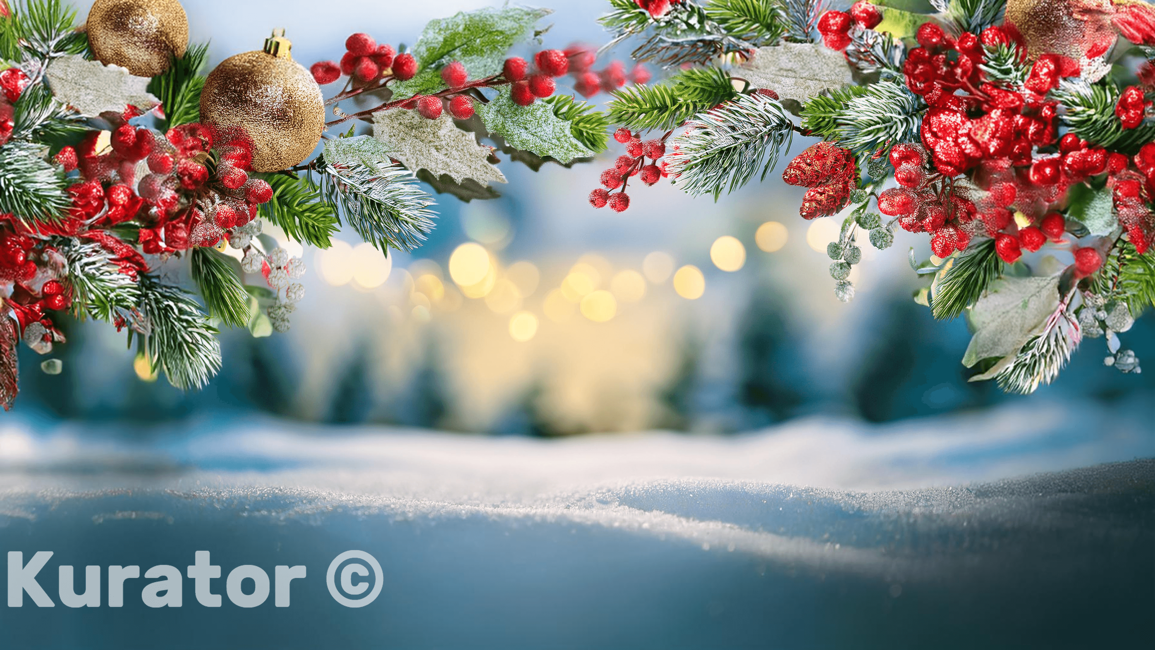 Festive Christmas arrangement with red berries, pine branches, and gold ornaments framing a snow-covered scene. The background features soft bokeh lights and a winter landscape, creating a joyful holiday atmosphere