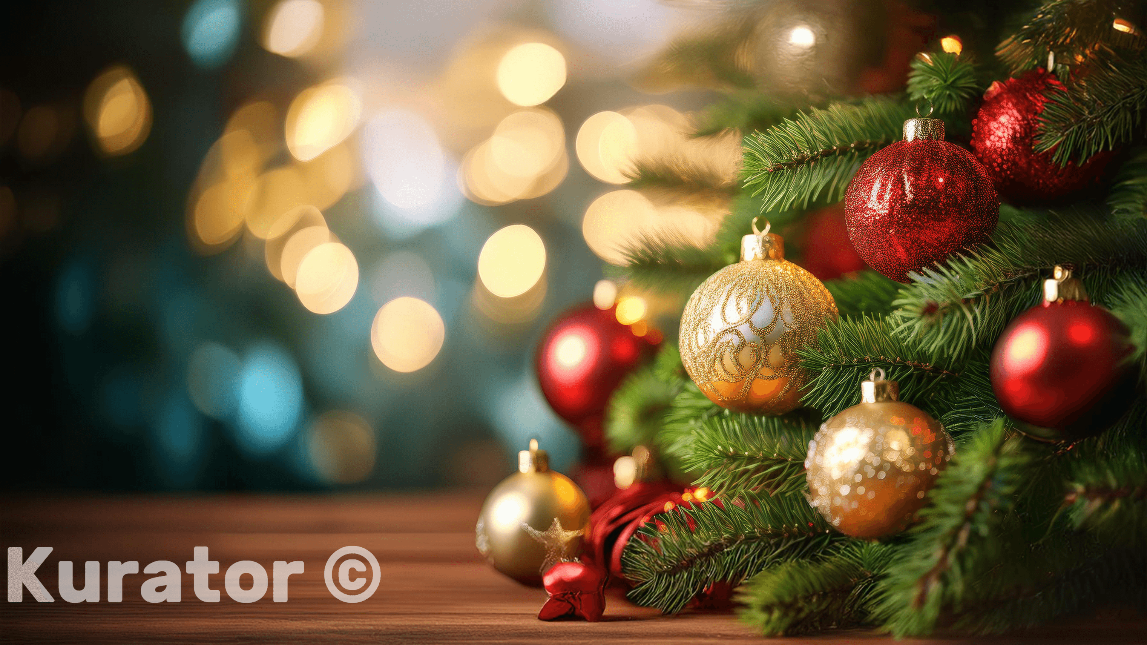 Beautifully decorated Christmas tree with red and gold ornaments, set against a backdrop of warm, glowing bokeh lights. The scene captures the cozy and festive spirit of the holiday season