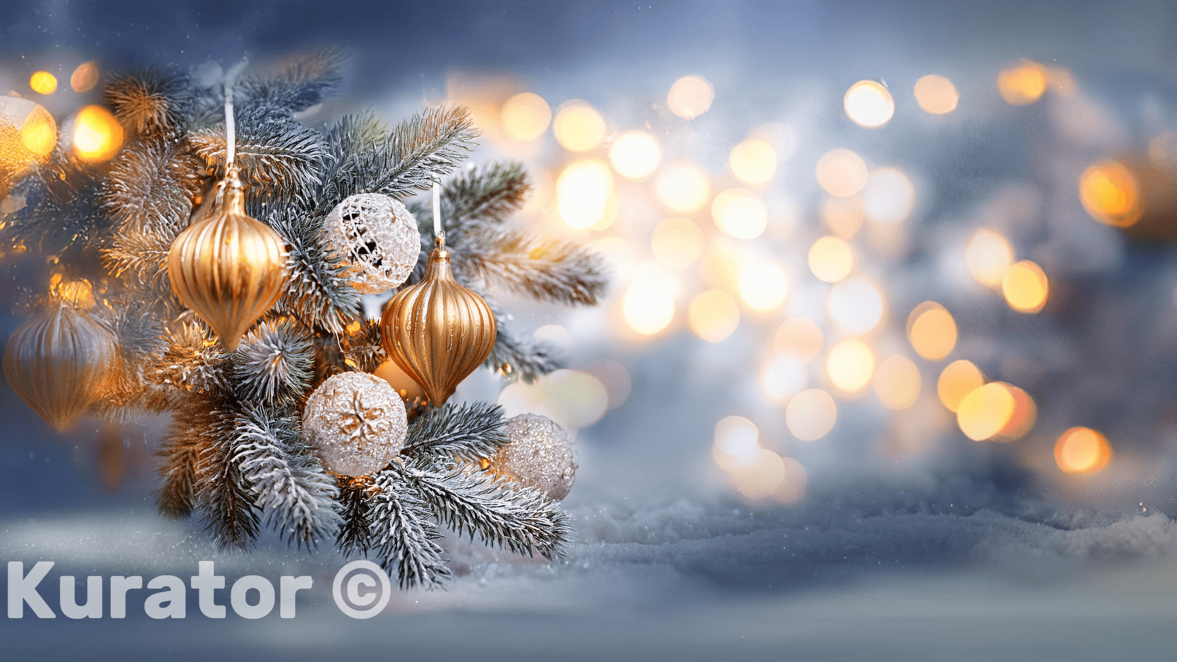 Stunning Christmas tree adorned with golden and white ornaments, set against a backdrop of sparkling bokeh lights. The snow-covered branches and soft, glowing light create a magical and festive holiday atmosphere