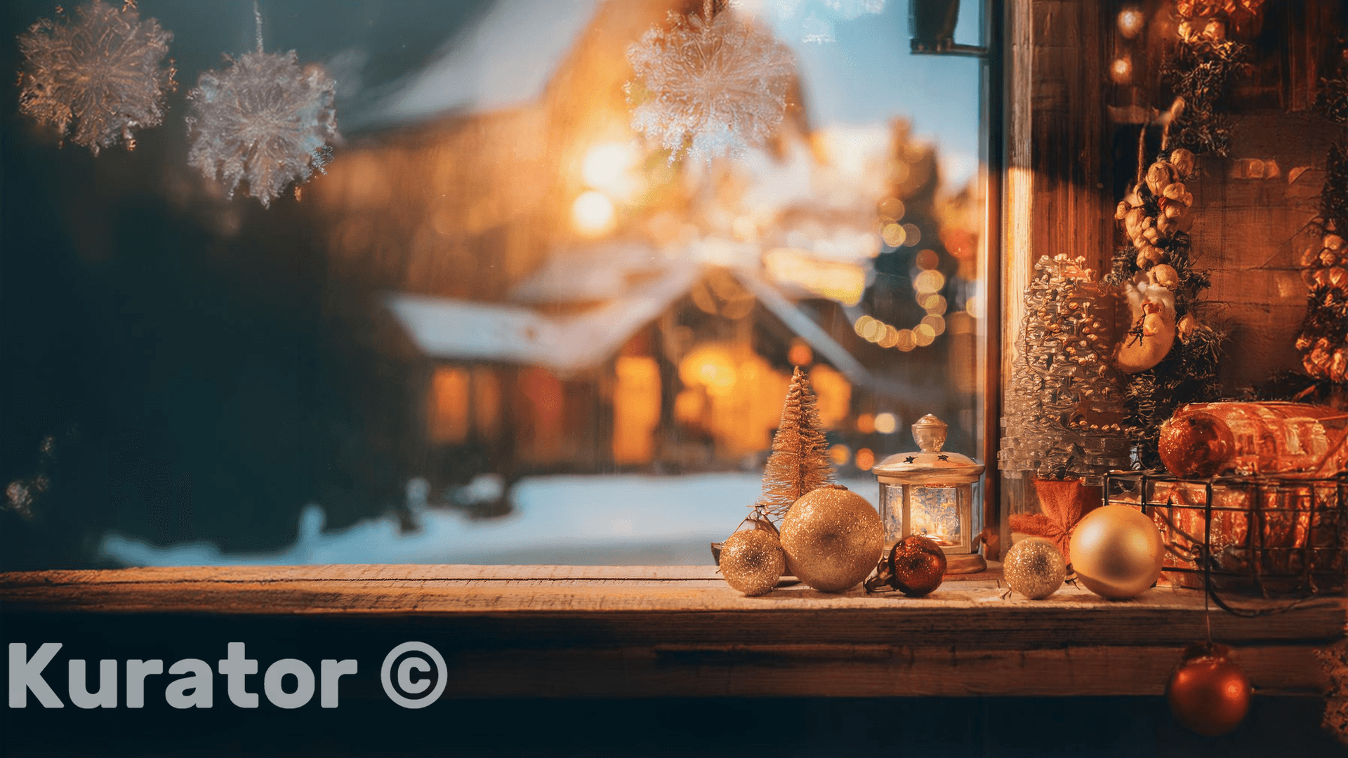 Christmas Ornaments and Lantern on Windowsill – Cozy Winter Night